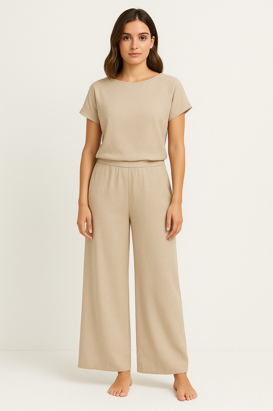 Ensemble deux pièces pour femme - Coupe ample - Top à manches courtes et col rond - Pantalon large à taille élastique