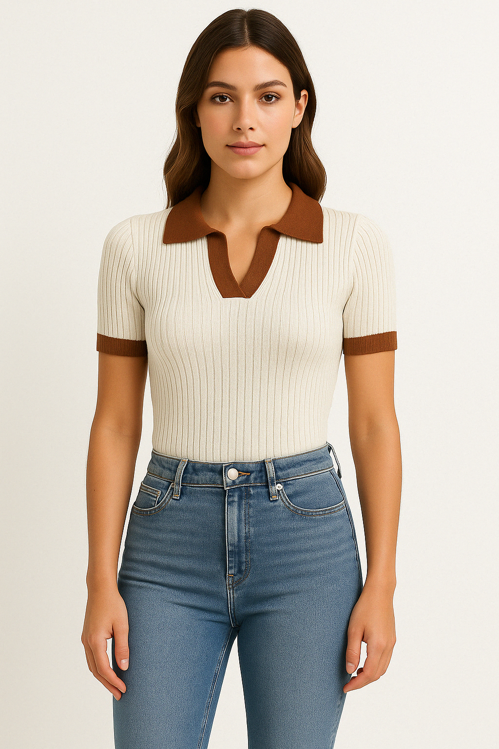Women's Polo – Ribbed Knit – Slim Fit – Short Sleeves – Cropped Length