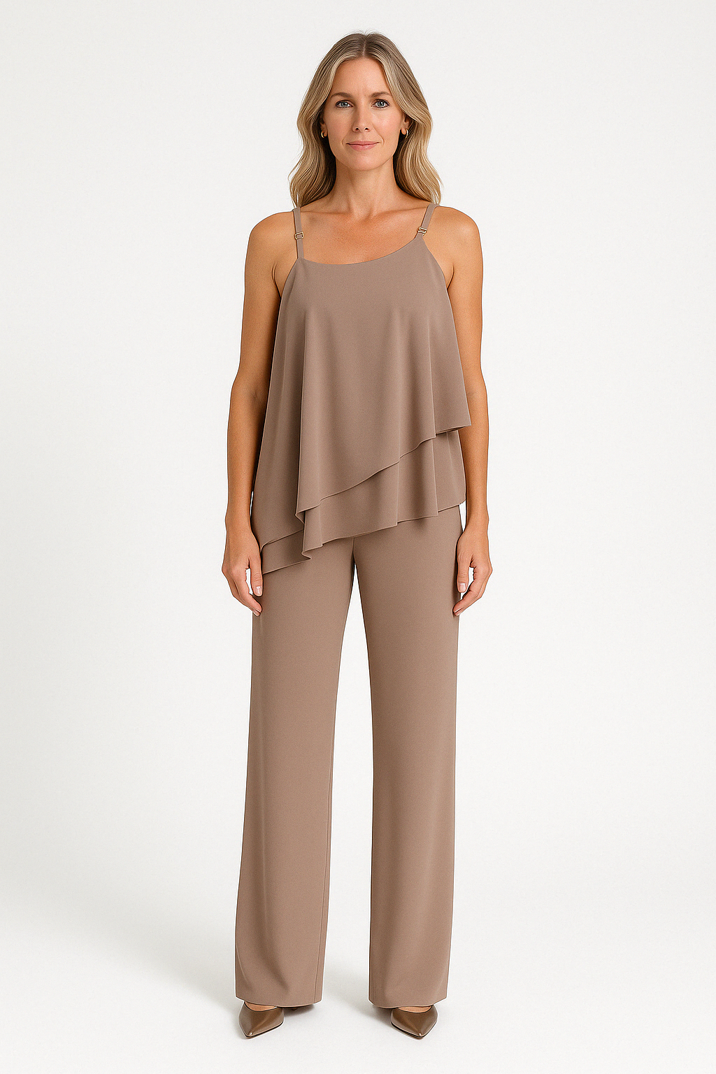 Ensemble Femme – Haut Asymétrique Drapé Sans Manches – Pantalon Droit Fluide