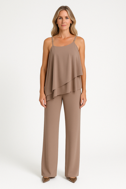 Ensemble Femme – Haut Asymétrique Drapé Sans Manches – Pantalon Droit Fluide