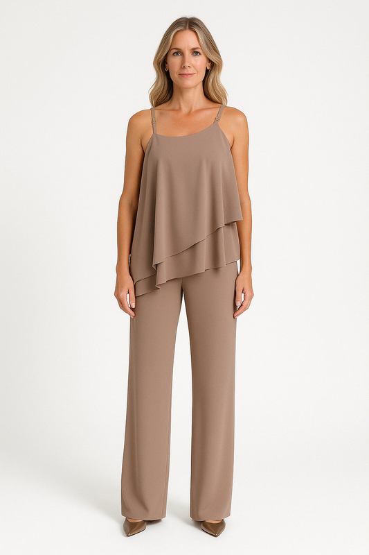 Ensemble Femme – Haut Asymétrique Drapé Sans Manches – Pantalon Droit Fluide