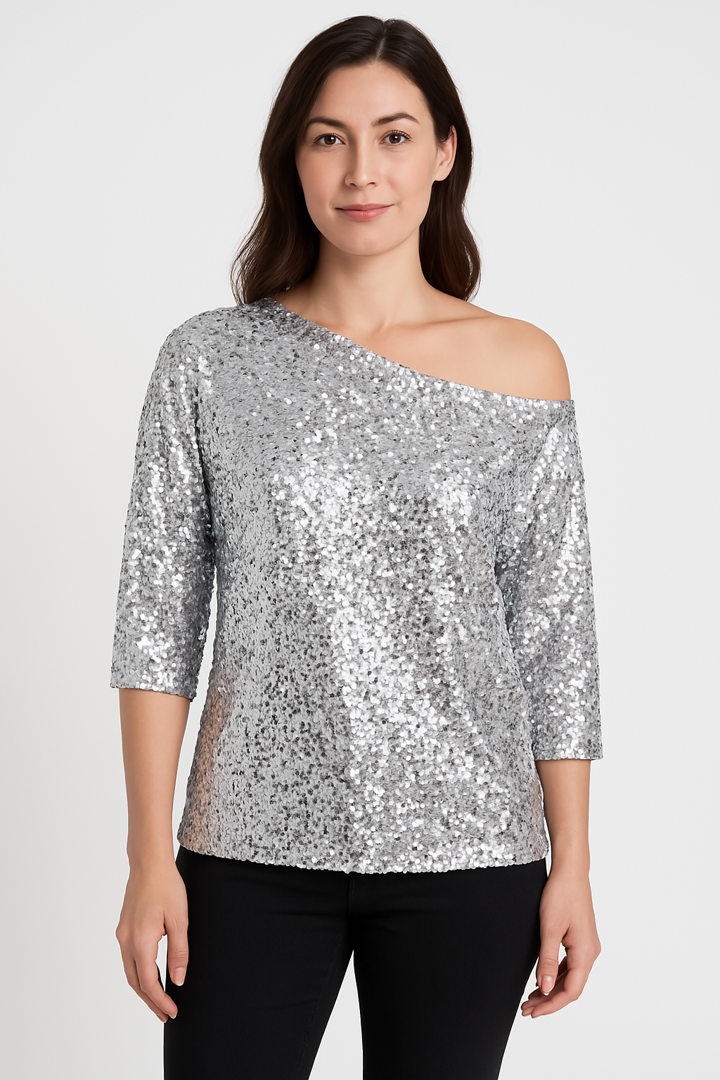 Women's off-the-shoulder top – Loose fit – Mid-length sleeves – Sequin fabric