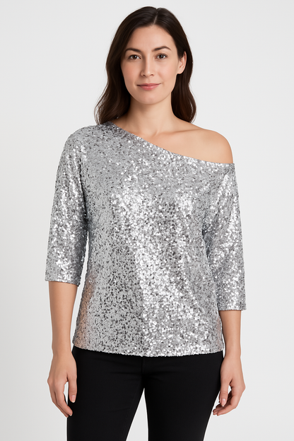 Women's off-the-shoulder top – Loose fit – Mid-length sleeves – Sequin fabric