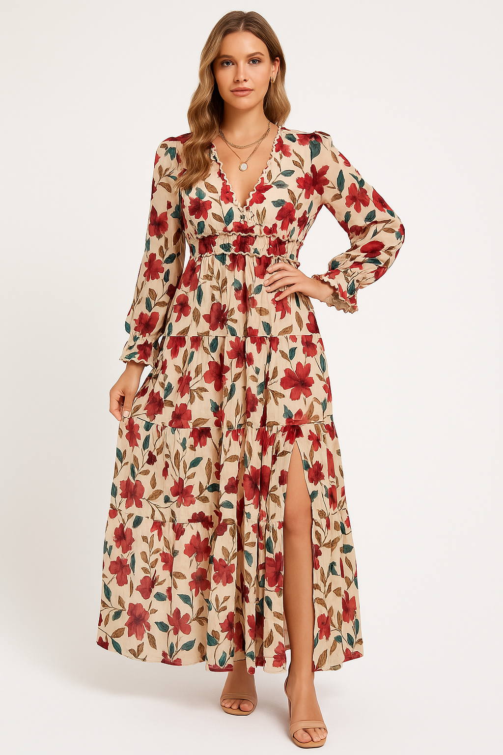 Robe longue femme – Tissu fluide – Imprimé fleuri – Manches longues – Style bohème