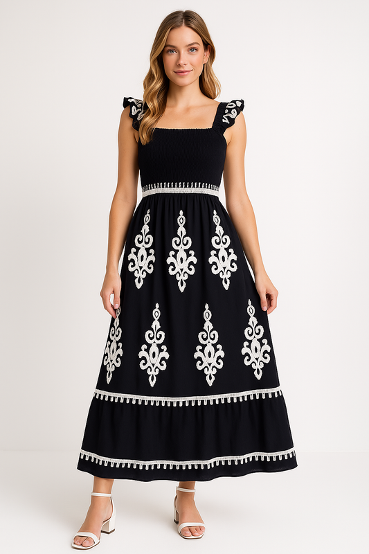 Robe longue femme – Coupe ample – Coton – Imprimé bohème – Bretelles volantées