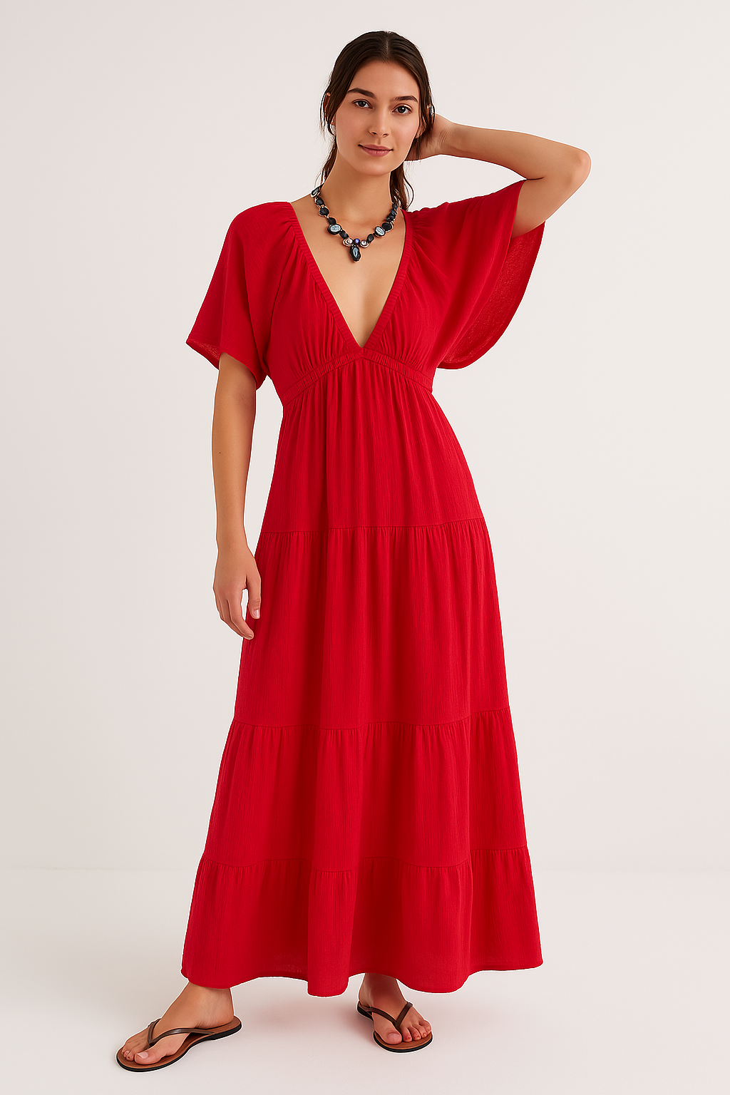 Robe longue femme – Coupe fluide – Décolleté en V – Manches courtes – Dos ouvert