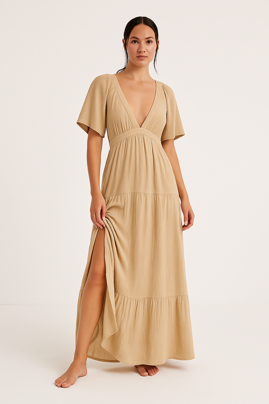 Robe longue femme – Coupe fluide – Décolleté en V – Manches courtes – Dos ouvert