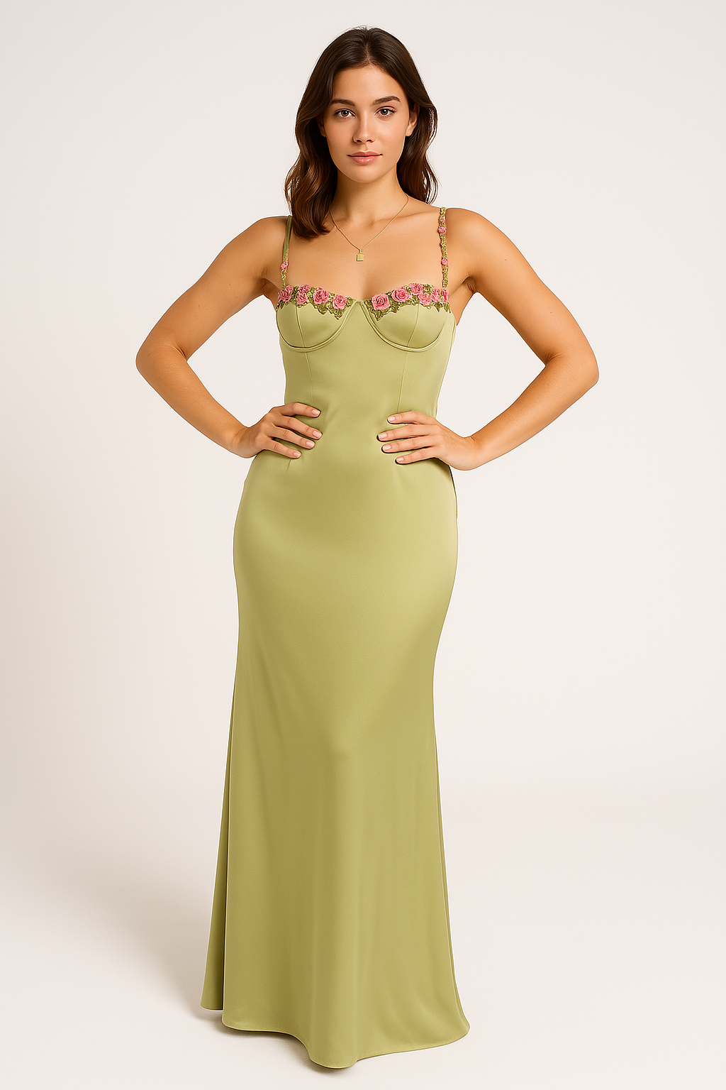 Robe longue femme – Coupe slim – Satin brillant – Décolleté cœur dentelle florale