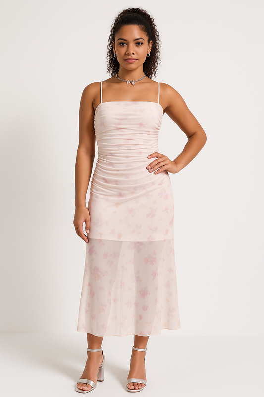 Robe longue femme – Coupe moulante – Bretelles fines – Fronces – Bas sirène élégant