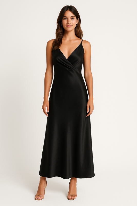 Robe de soirée femme – Satin lisse – Fendue – Sans manches – Dos nu – Décolleté V