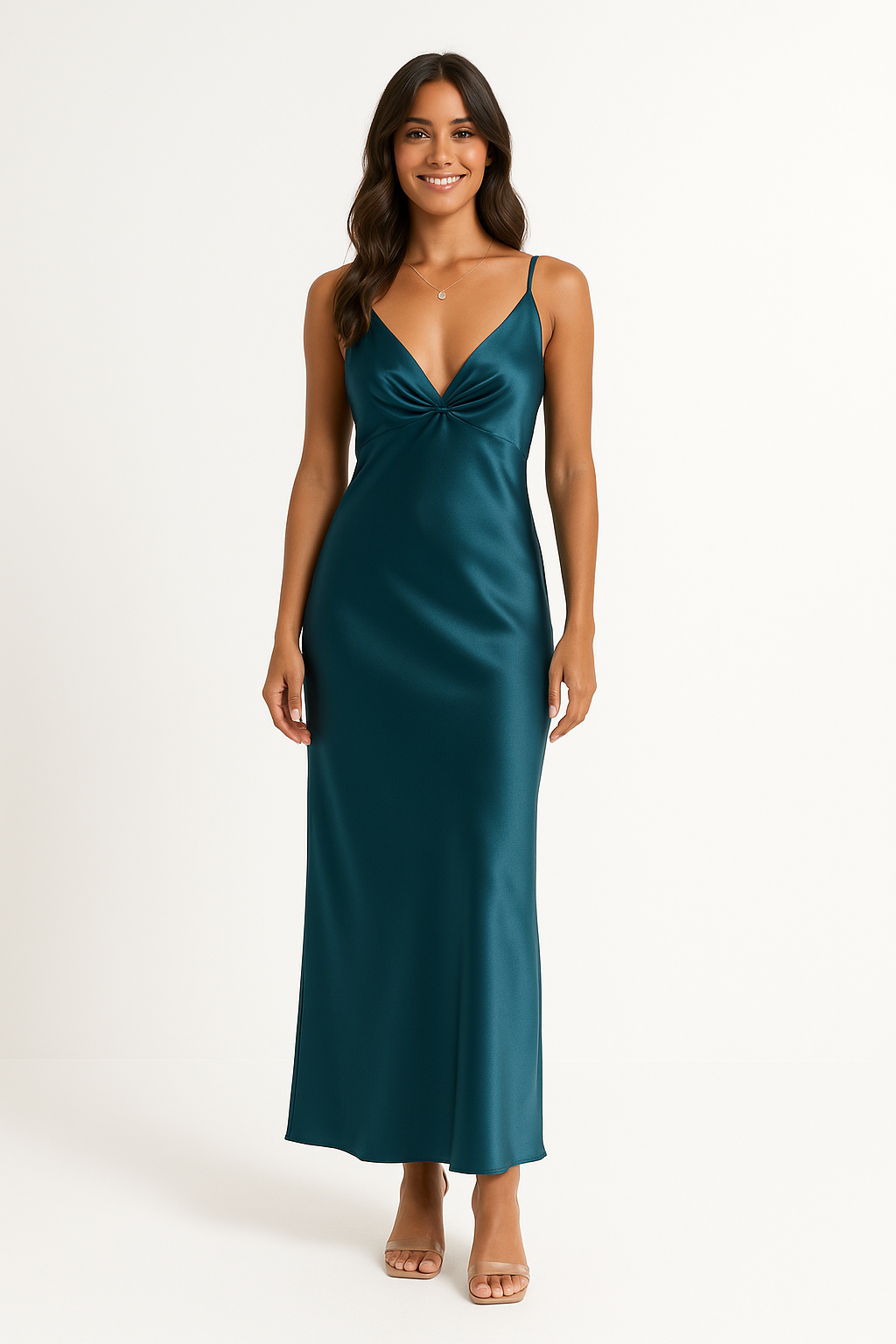 Robe de soirée femme – Satin lisse – Fendue – Sans manches – Dos nu – Décolleté V