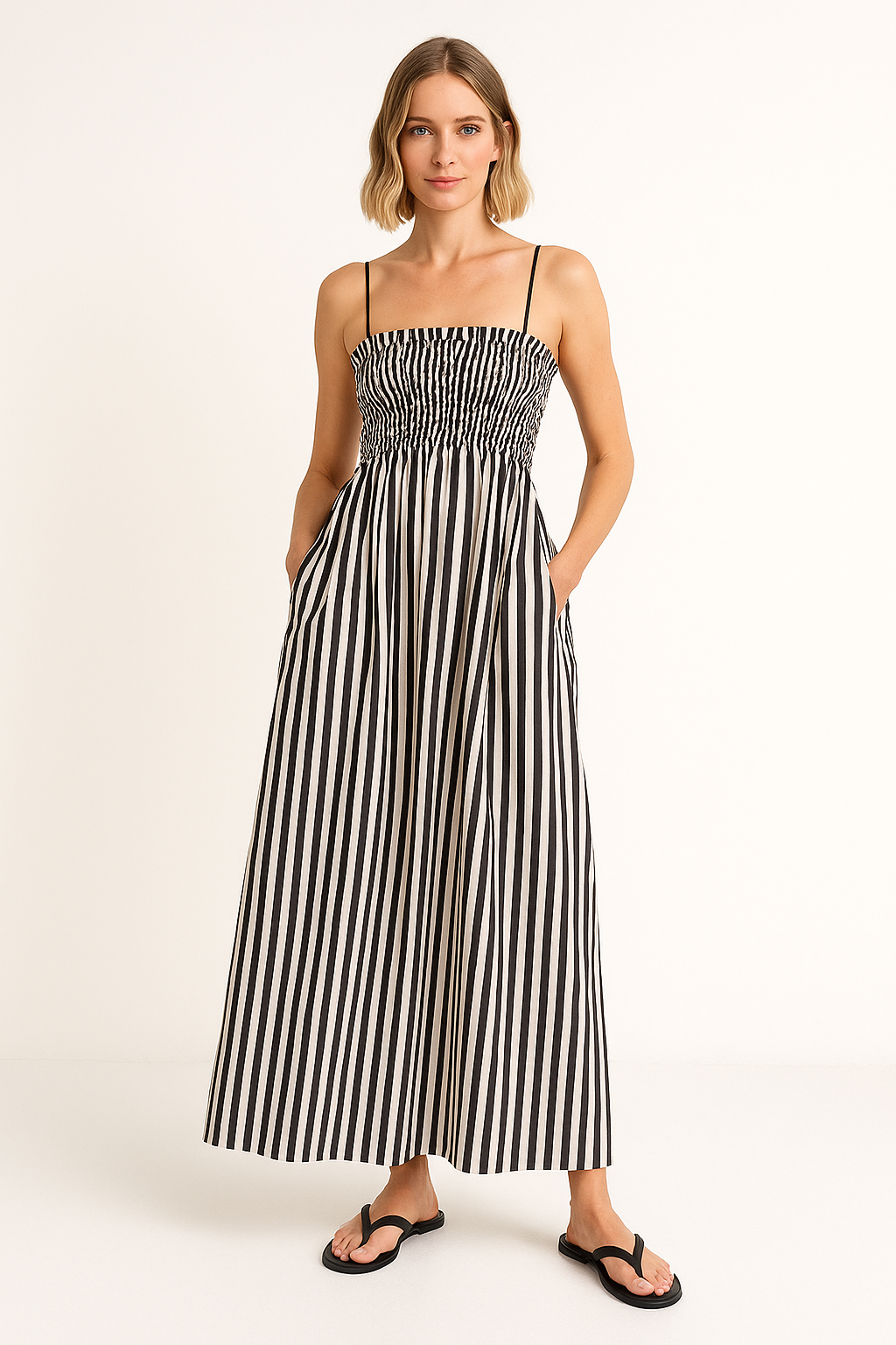 Robe femme à bretelles fines – Tissu respirant – Haut froncé – Jupe longue évasée – Poches intégrées