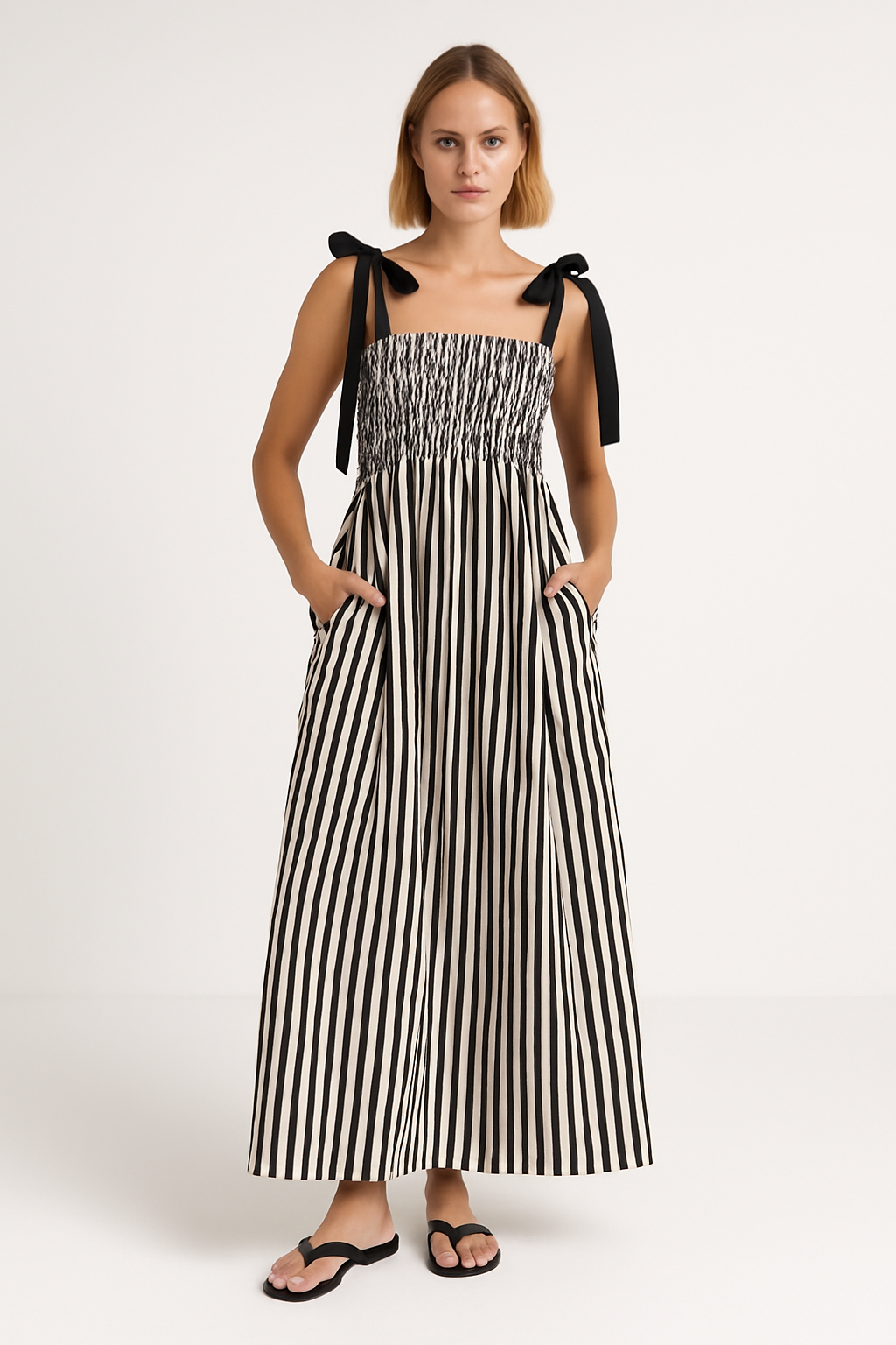 Robe femme à bretelles fines – Tissu respirant – Haut froncé – Jupe longue évasée – Poches intégrées