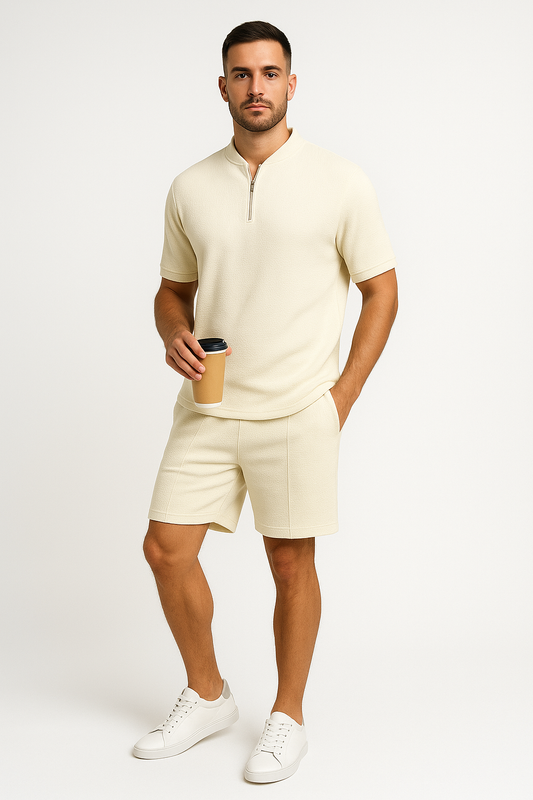 Ensemble Homme Veste Zippée et Short – Coupe Décontractée – Maille Texturée Respirante