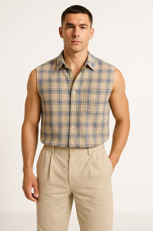 Chemise sans manches homme – Coupe ample – Tissu respirant – Motif carreaux – Col classique