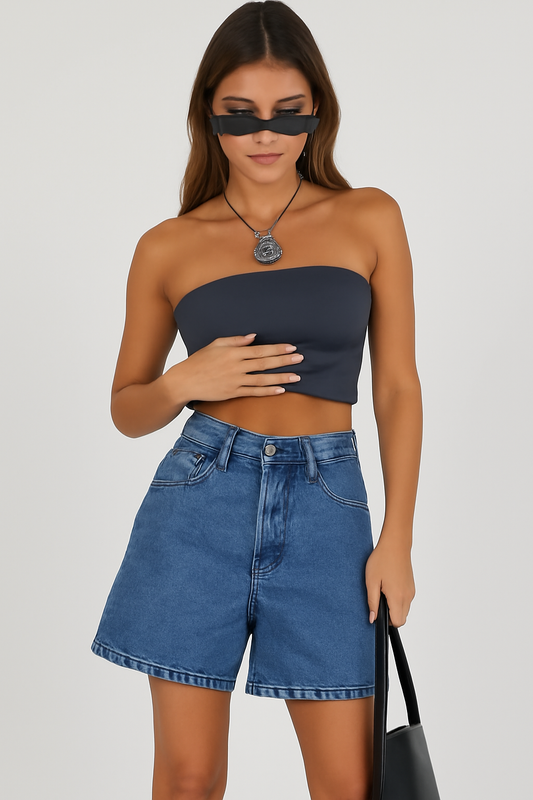 Short en jean femme – Coupe décontractée – Taille mi-haute – 5 poches – Mi-cuisse