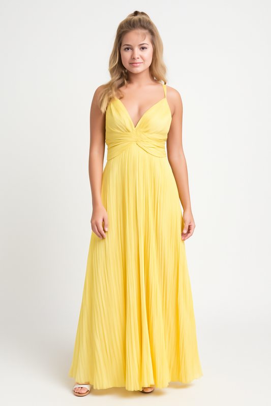 Robe Longue Femme – Décolleté V – Tissu Fluide Plissé – Bretelles Fines Élégantes