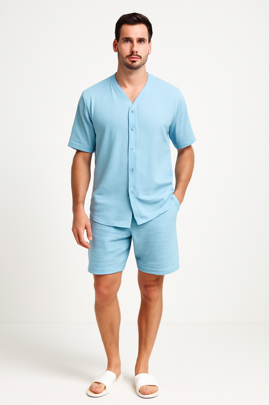 Ensemble Homme – Chemise Col V Boutonnée & Short Ample – Tissu Respirant Doux