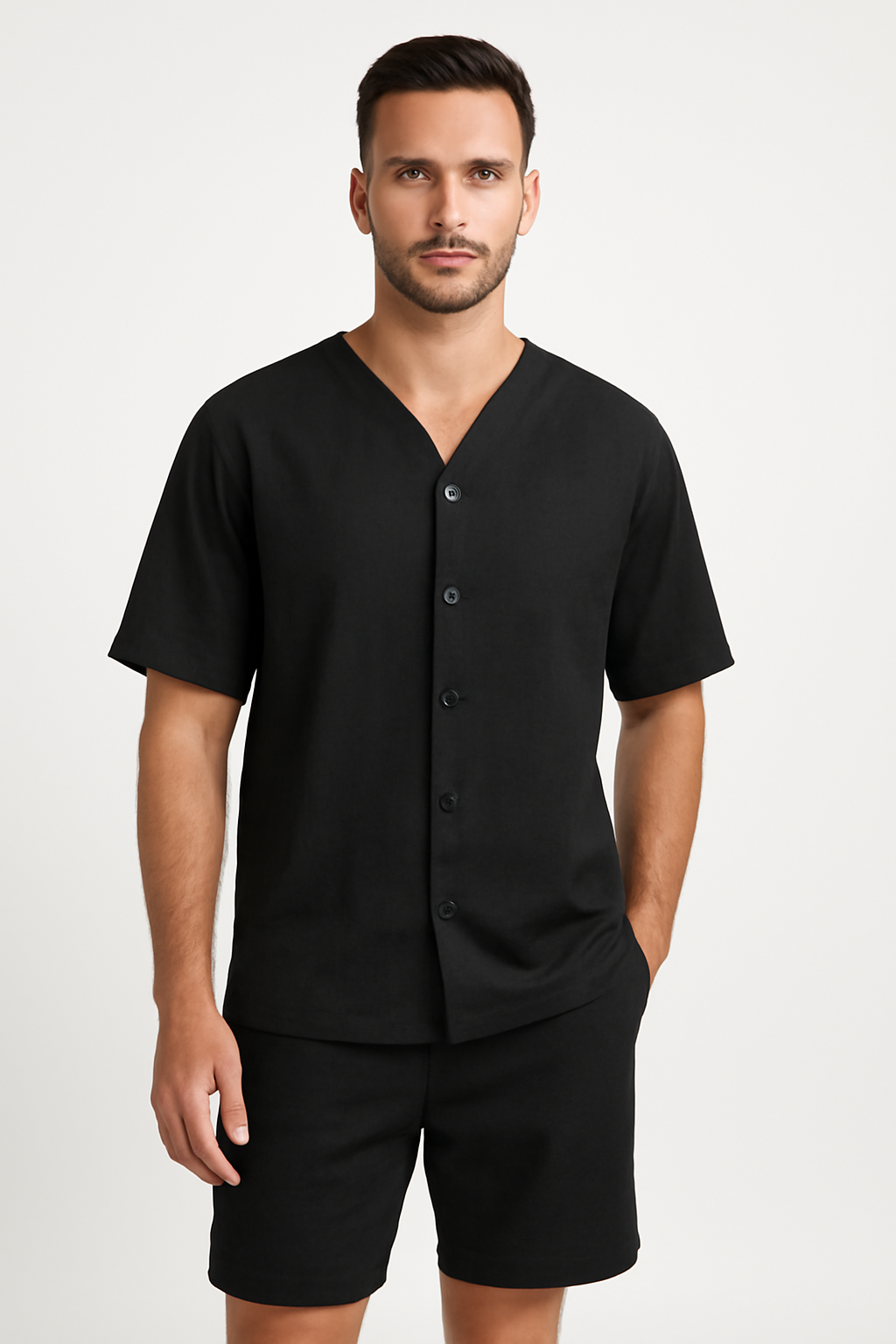 Ensemble Homme – Chemise Col V Boutonnée & Short Ample – Tissu Respirant Doux
