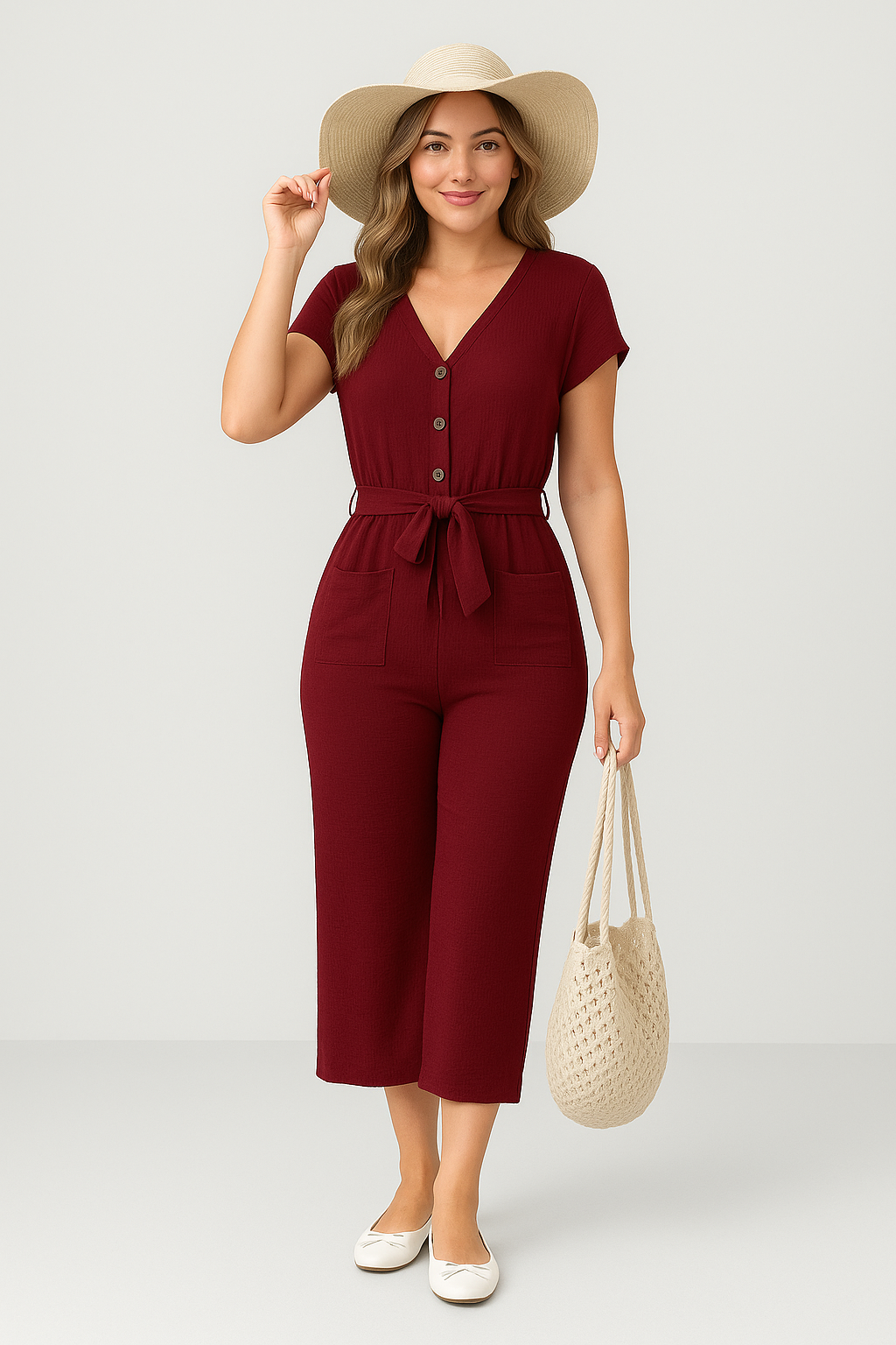 Combinaison Femme – Coupe Ample – Manches Courtes – Ceinture Ajustable – Boutons Devant