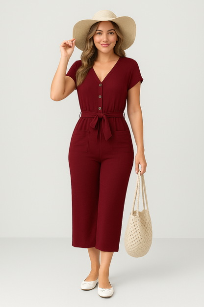 Combinaison Femme – Coupe Ample – Manches Courtes – Ceinture Ajustable – Boutons Devant