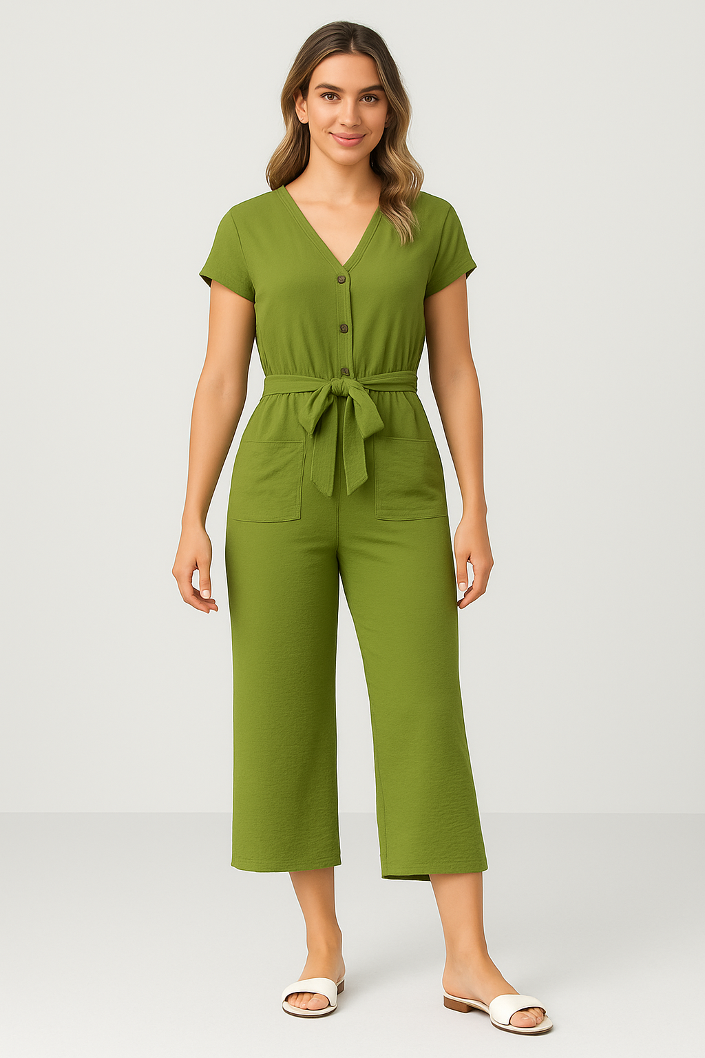 Combinaison Femme – Coupe Ample – Manches Courtes – Ceinture Ajustable – Boutons Devant