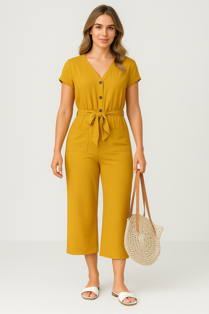 Combinaison Femme – Coupe Ample – Manches Courtes – Ceinture Ajustable – Boutons Devant