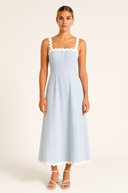Robe longue femme – Coupe ajustée – Bretelles fines – Finition festonnée – Coton