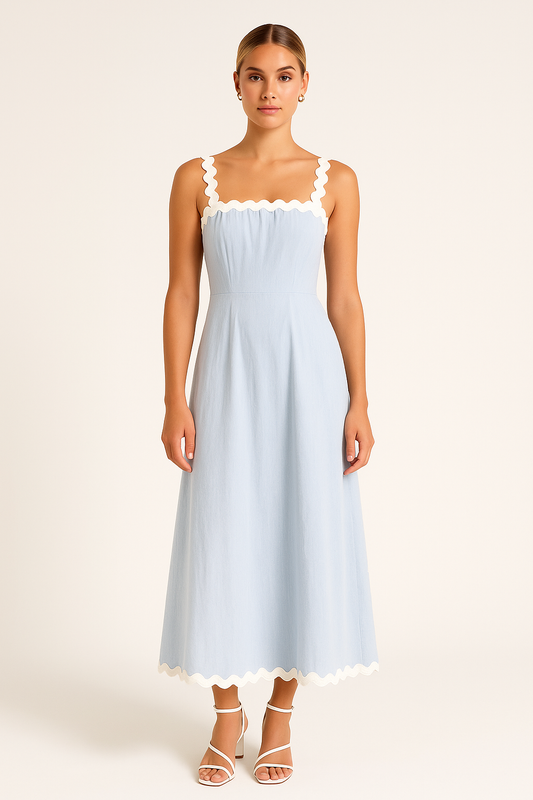 Robe longue femme – Coupe ajustée – Bretelles fines – Finition festonnée – Coton