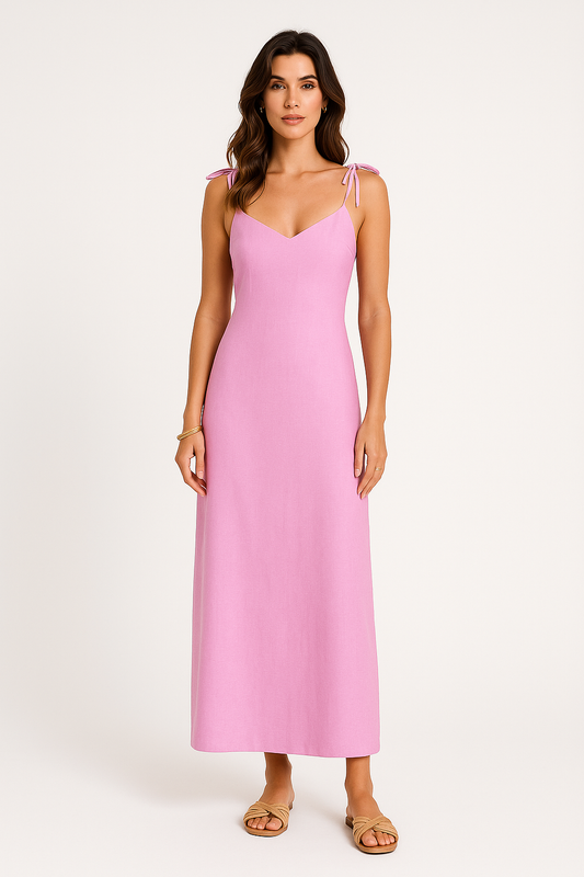 Robe femme – Lin et coton – Coupe évasée – Bretelles réglables – Longueur maxi