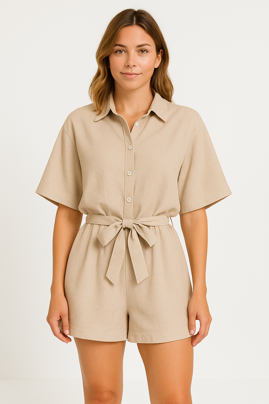 Combinaison Femme – Manches Courtes – Boutonnée – Taille Ceinturée – Tissu Léger