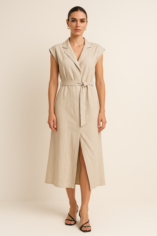 Robe femme longue – Taille haute – Lin coton – Sans manches – Ceinture nouée – Fente devant