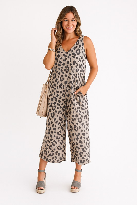 Combinaison femme sans manches – Tissu respirant – Coupe ample – Imprimé léopard – Jambes larges