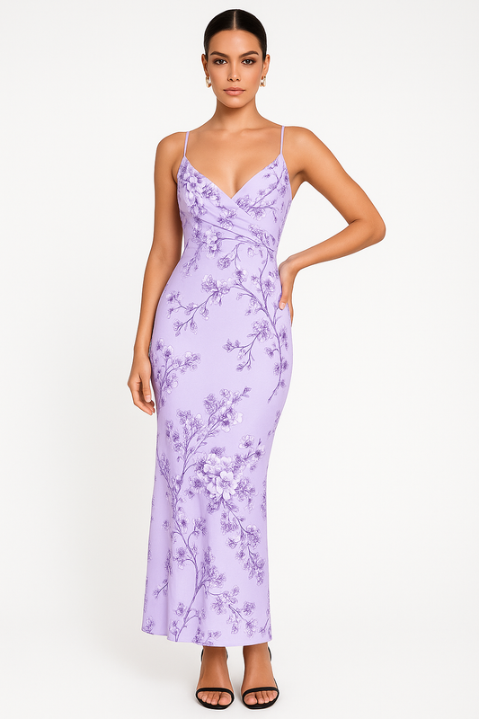 Robe longue femme – Coupe ajustée – Bretelles fines – Col en V – Imprimé fleuri
