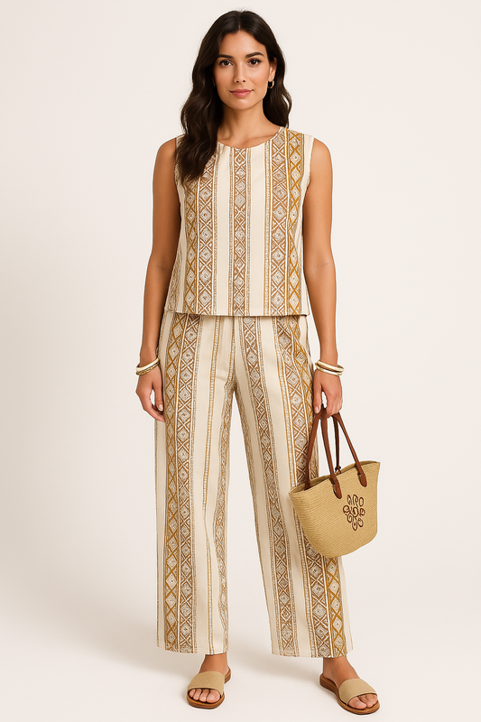 Ensemble Femme Débardeur Sans Manches et Pantalon Large – Taille Haute – Coton Respirant – Motif Géométrique