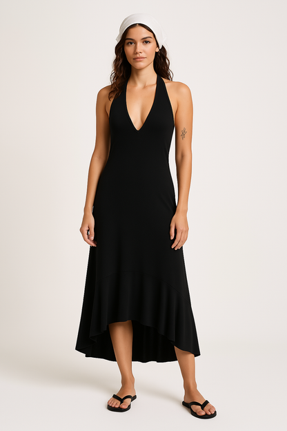 Robe longue femme – Col halter – Décolleté plongeant – Tissu fluide respirant