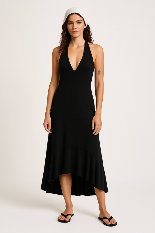 Robe longue femme – Col halter – Décolleté plongeant – Tissu fluide respirant