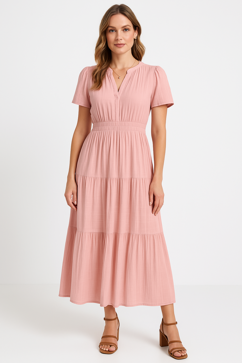 Robe longue femme – Col en V – Manches bouffantes – Taille froncée – Coupe évasée