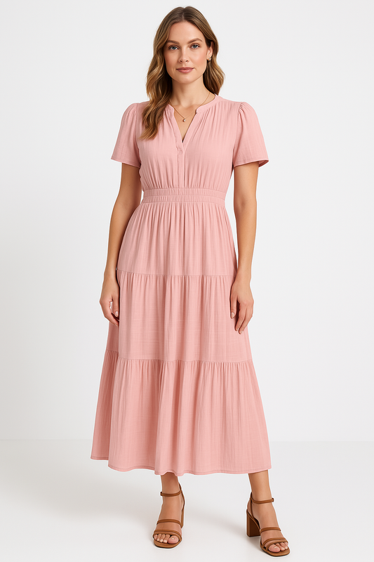 Robe longue femme – Col en V – Manches bouffantes – Taille froncée – Coupe évasée