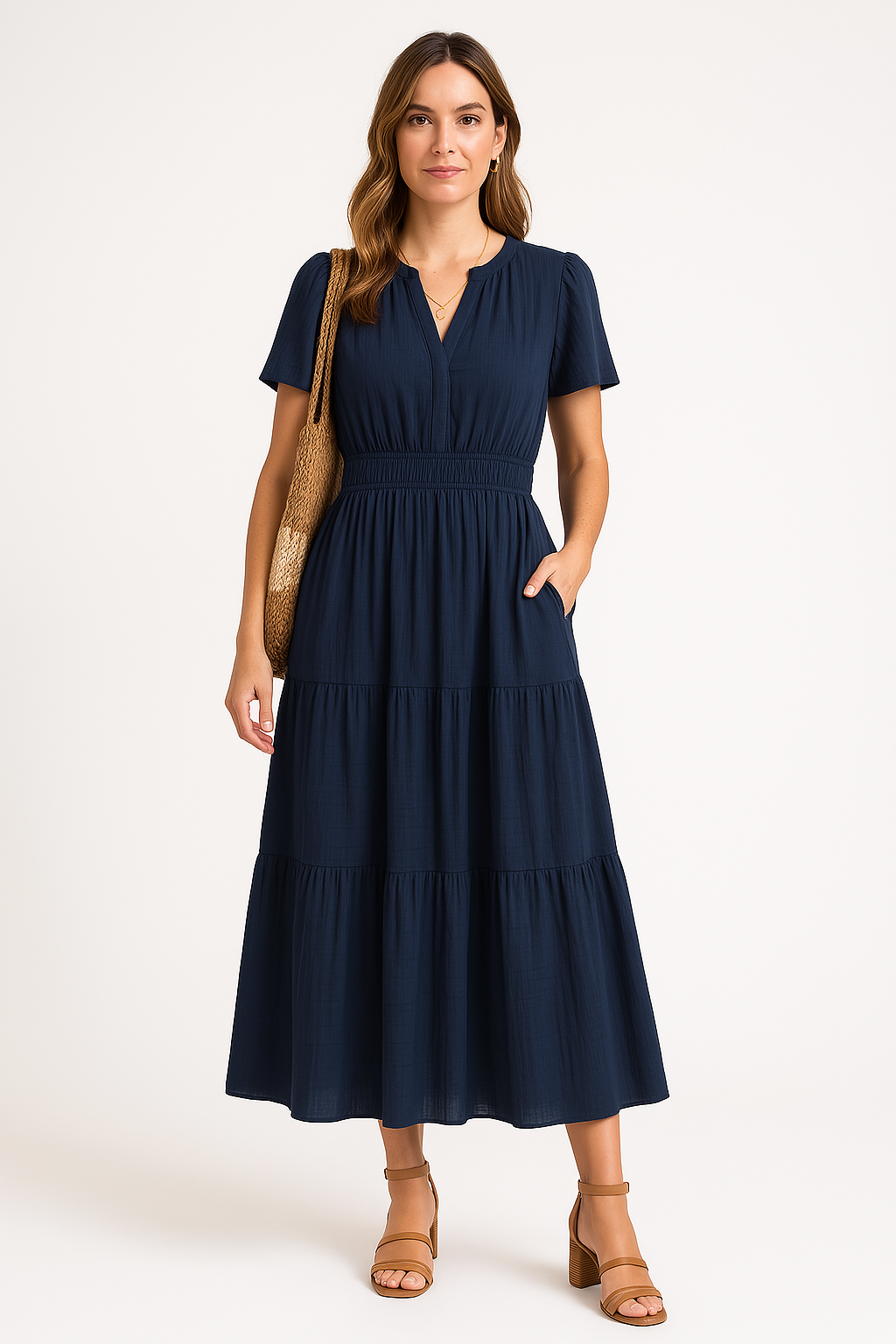 Robe longue femme – Col en V – Manches bouffantes – Taille froncée – Coupe évasée