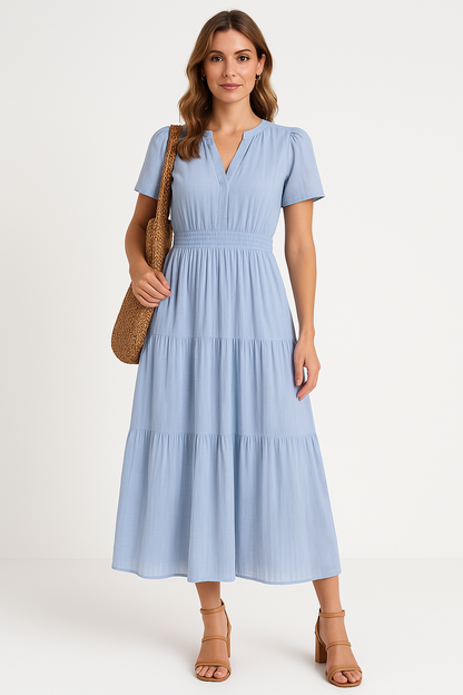 Robe longue femme – Col en V – Manches bouffantes – Taille froncée – Coupe évasée