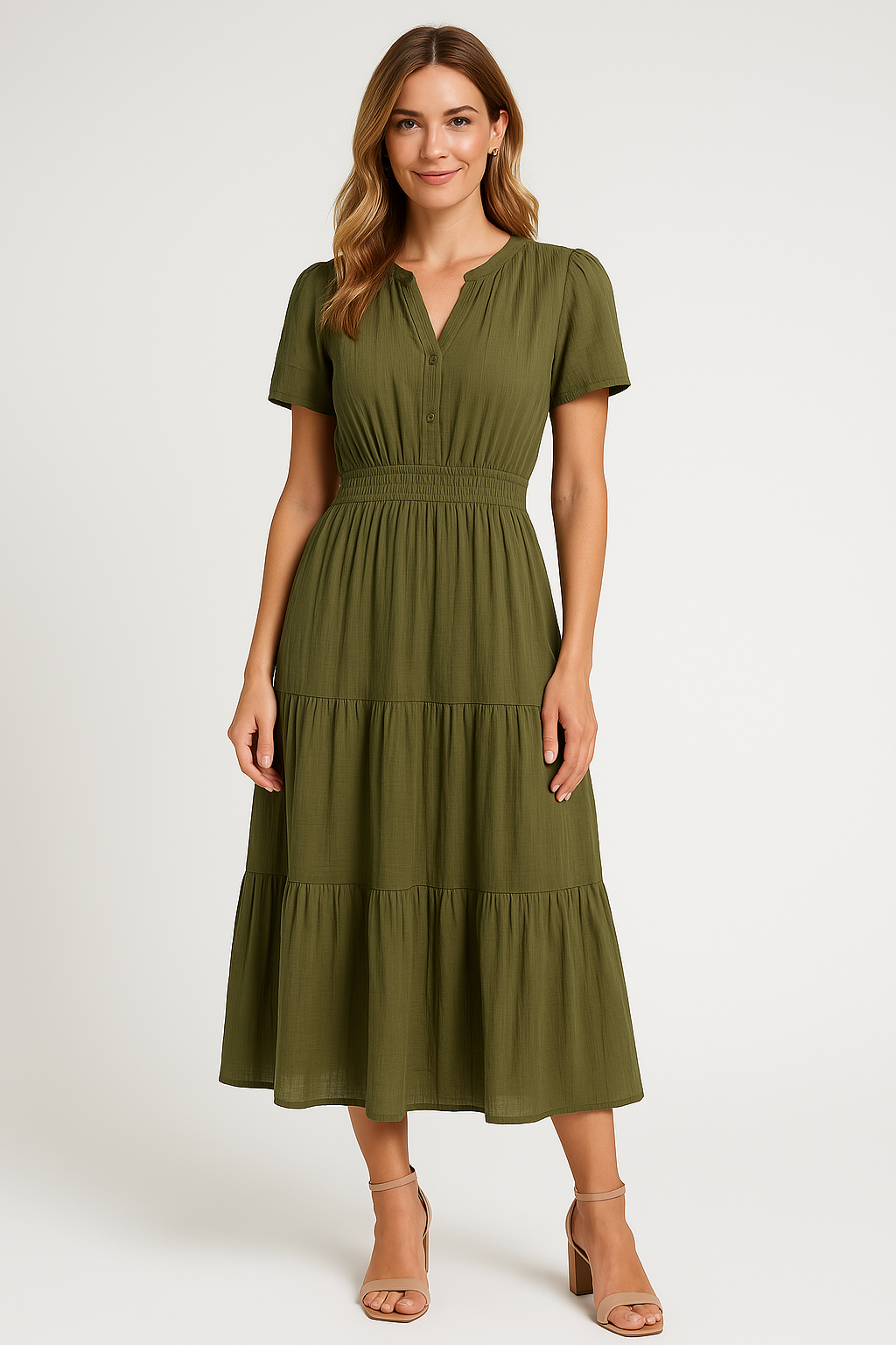 Robe longue femme – Col en V – Manches bouffantes – Taille froncée – Coupe évasée