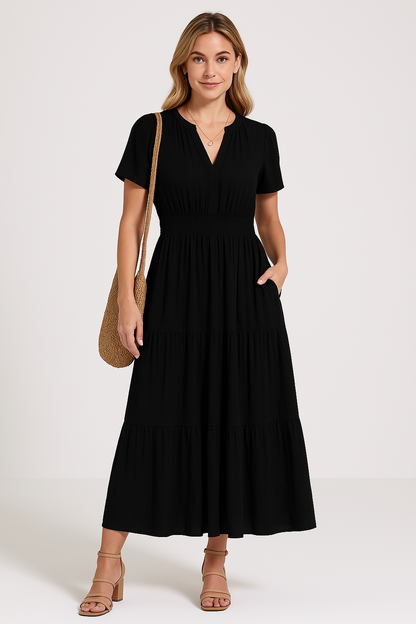 Robe longue femme – Col en V – Manches bouffantes – Taille froncée – Coupe évasée