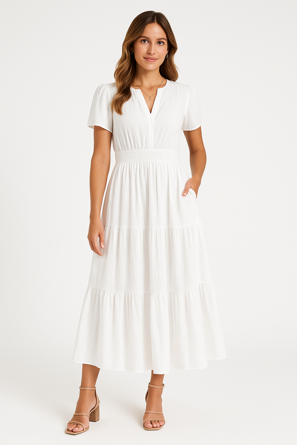 Robe longue femme – Col en V – Manches bouffantes – Taille froncée – Coupe évasée