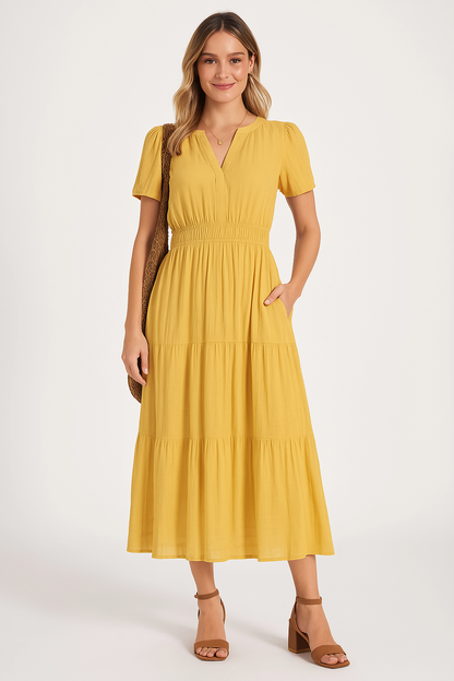 Robe longue femme – Col en V – Manches bouffantes – Taille froncée – Coupe évasée