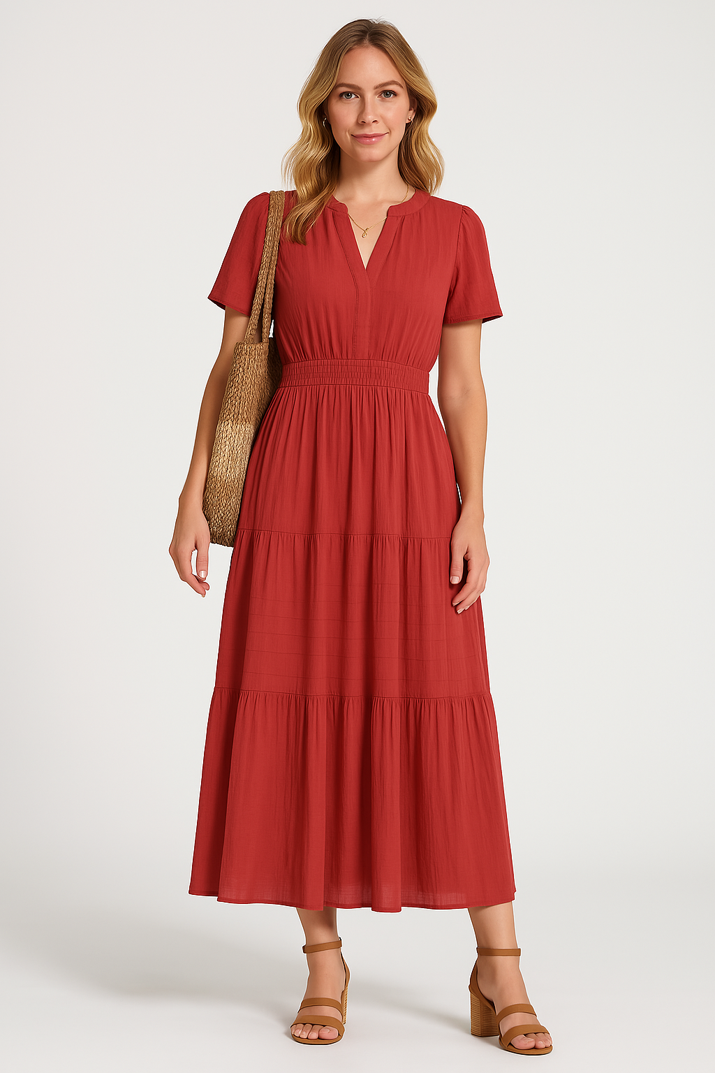 Robe longue femme – Col en V – Manches bouffantes – Taille froncée – Coupe évasée