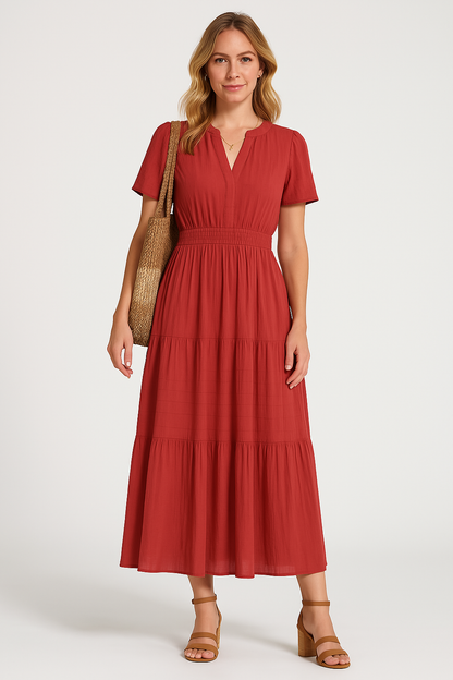Robe longue femme – Col en V – Manches bouffantes – Taille froncée – Coupe évasée