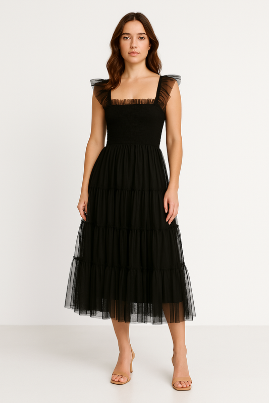Robe longue femme – Bustier smocké – Jupe en tulle volantée – Sans manches à volants