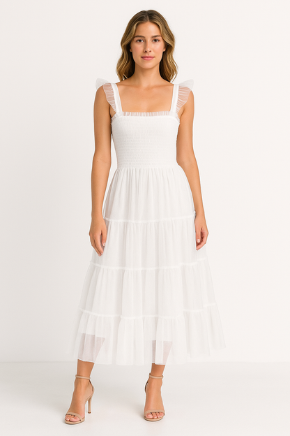 Robe longue femme – Bustier smocké – Jupe en tulle volantée – Sans manches à volants
