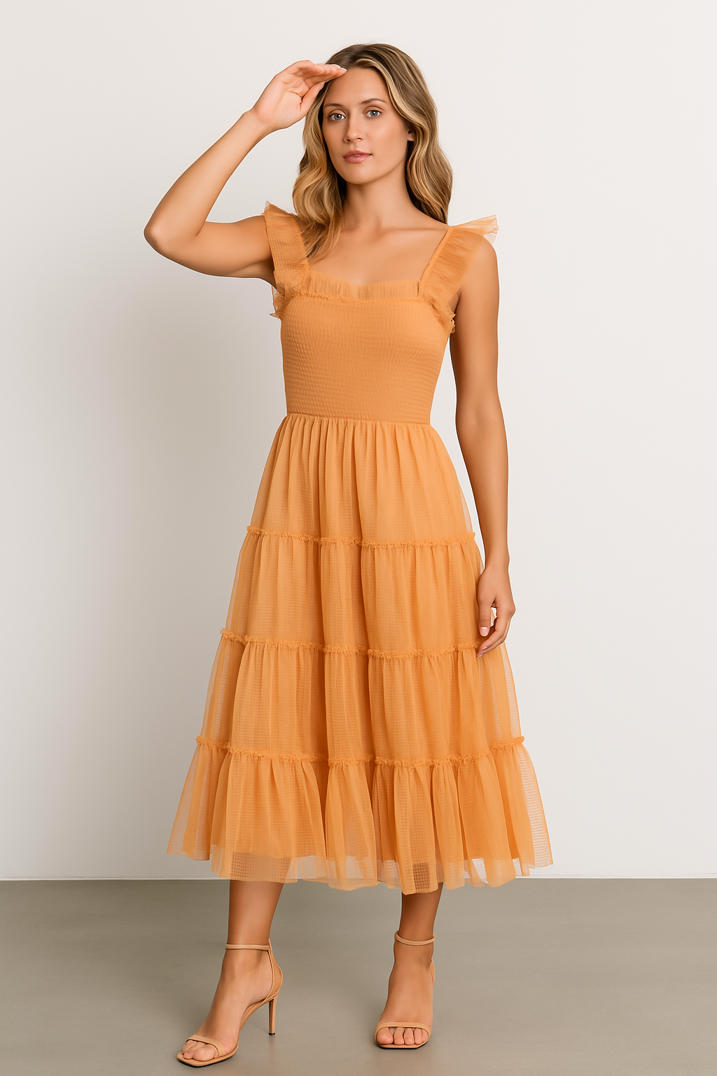 Robe longue femme – Bustier smocké – Jupe en tulle volantée – Sans manches à volants